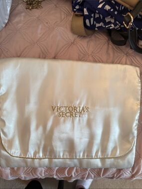 Victoria's Secret Cream Satin Cosmetic Pouch with Gold Logo